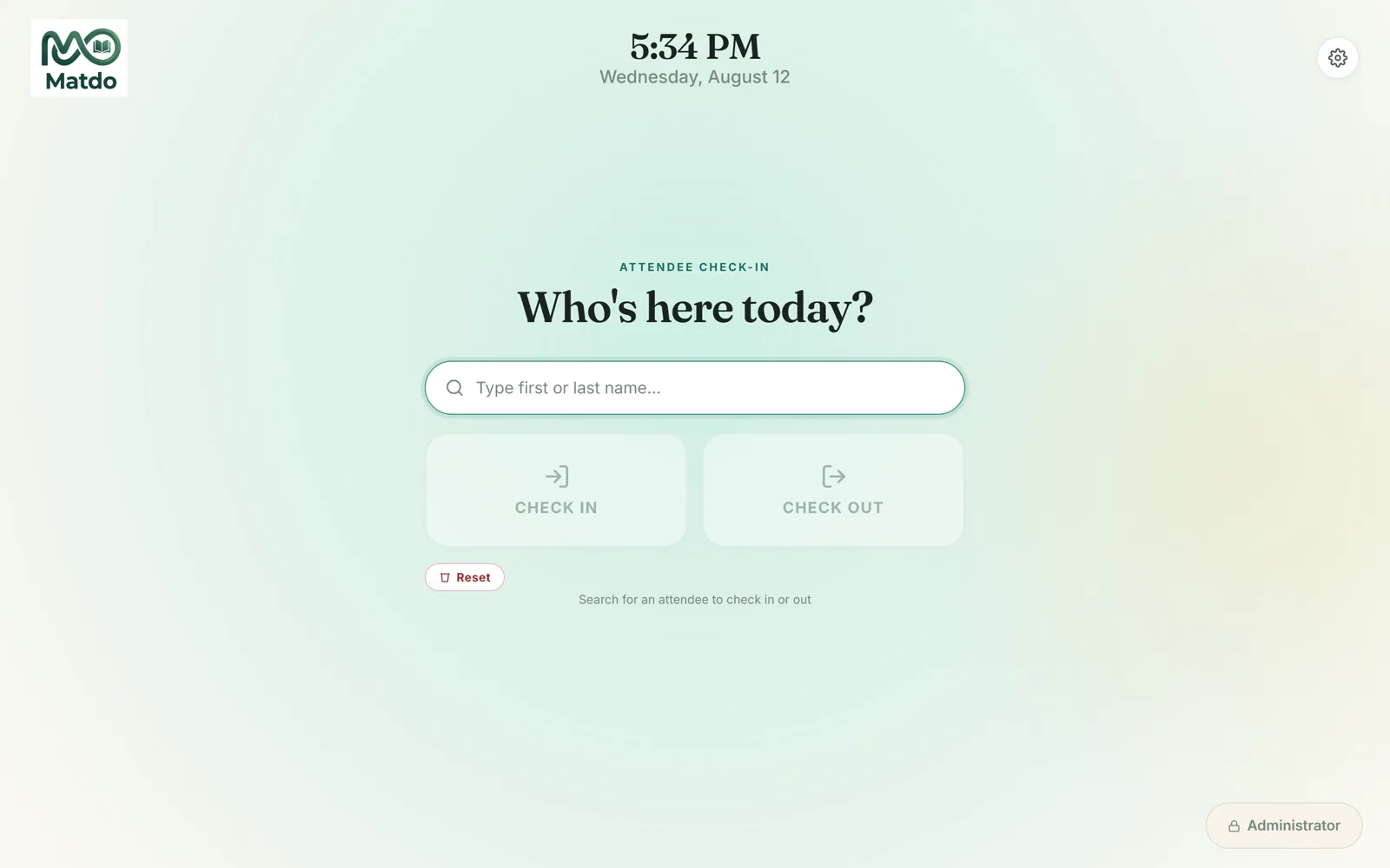 Matdo Check — the check-in screen